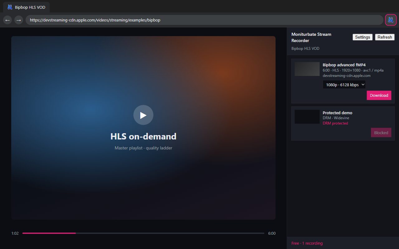 Quality picker in the Moniturbate Chrome extension offering 1080p for an HLS on-demand video, next to a DRM-protected stream marked as blocked
