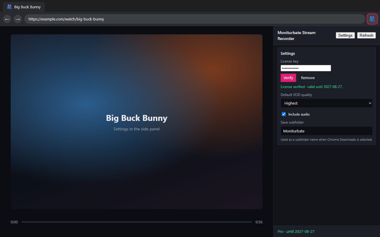 Settings panel of the Moniturbate Chrome extension with license key, default quality, include audio and save subfolder options
