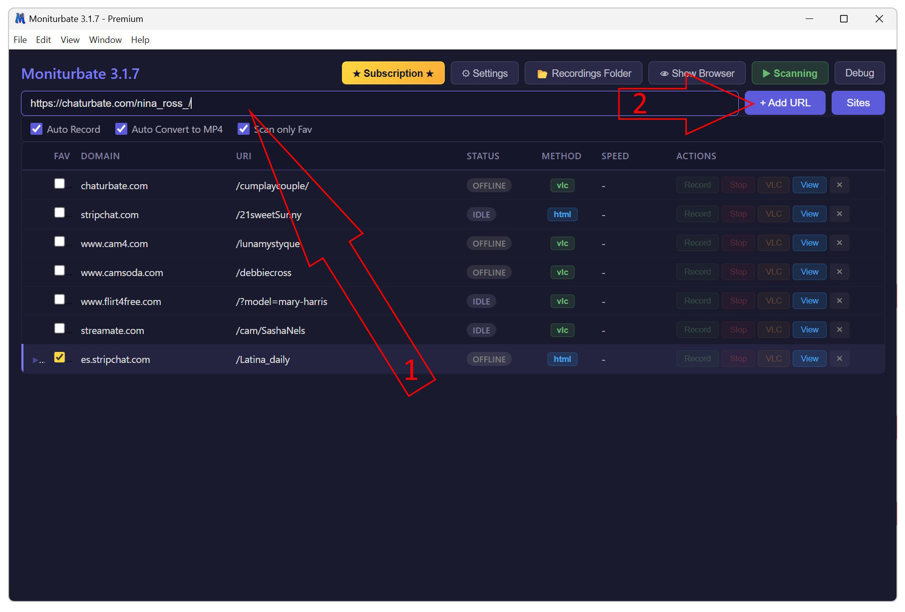 Step 1 - Add broadcasters to the monitoring list in Moniturbate